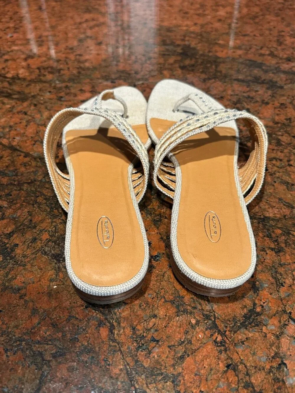 Talbots Beige Linen-look Thong Sandals with Rhinestone Accents, 8.5 M